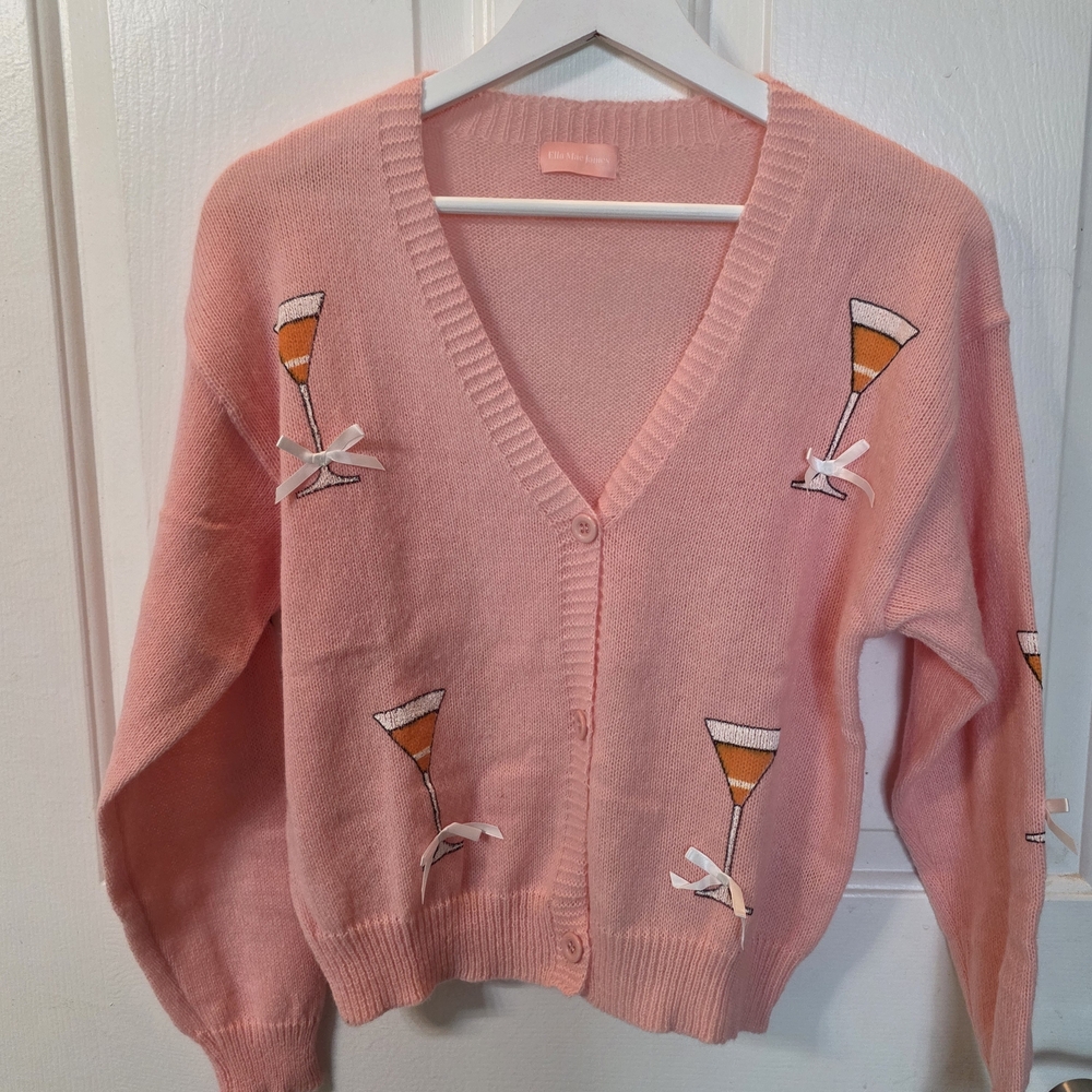 Soft Pink V-Neck Embroidered Cocktail Glass Cardigan Sweater